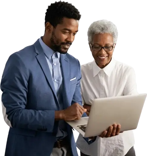 Elderly woman with a man standing holding laptop